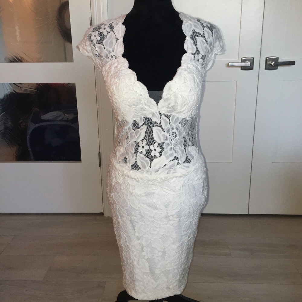 Jovani White/Nude Lace & Crochet Midi Dress 🌼